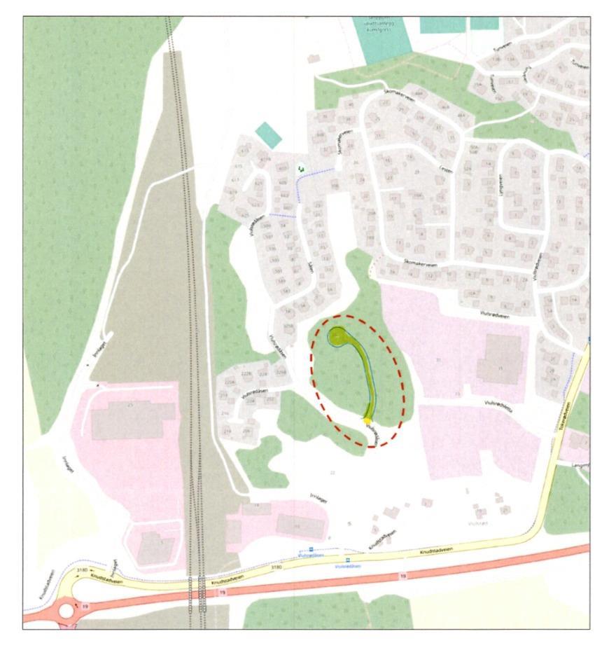 Kart utsnitt nøyaktig plassering av veien som skal navngis - Klikk for stort bilde